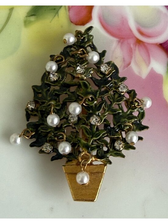 Original By Robert Jewelry - Vintage 60s Original by Robert Christmas Tree Brooch Enamel Rhinestones Pearls